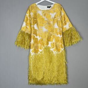 Giovanna Signature Dress Womens 18 Yellow Fringe Floral Jacquard Shift Cocktail